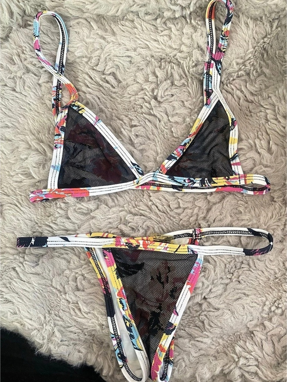 Minimale Animale Floral & Black Mesh Two-Piece Bikini Set – Size Small